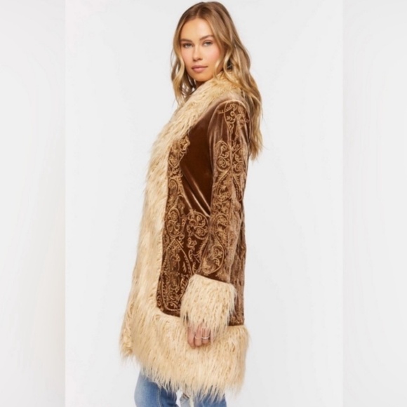 Forever 21 Penny Lane Faux Fur Trim 70s Retro Style Shag Coat Almost Famous SM - Picture 3 of 15